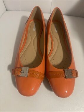 Geox Leather Orange Patent Ballet Flats with Buckle Detail